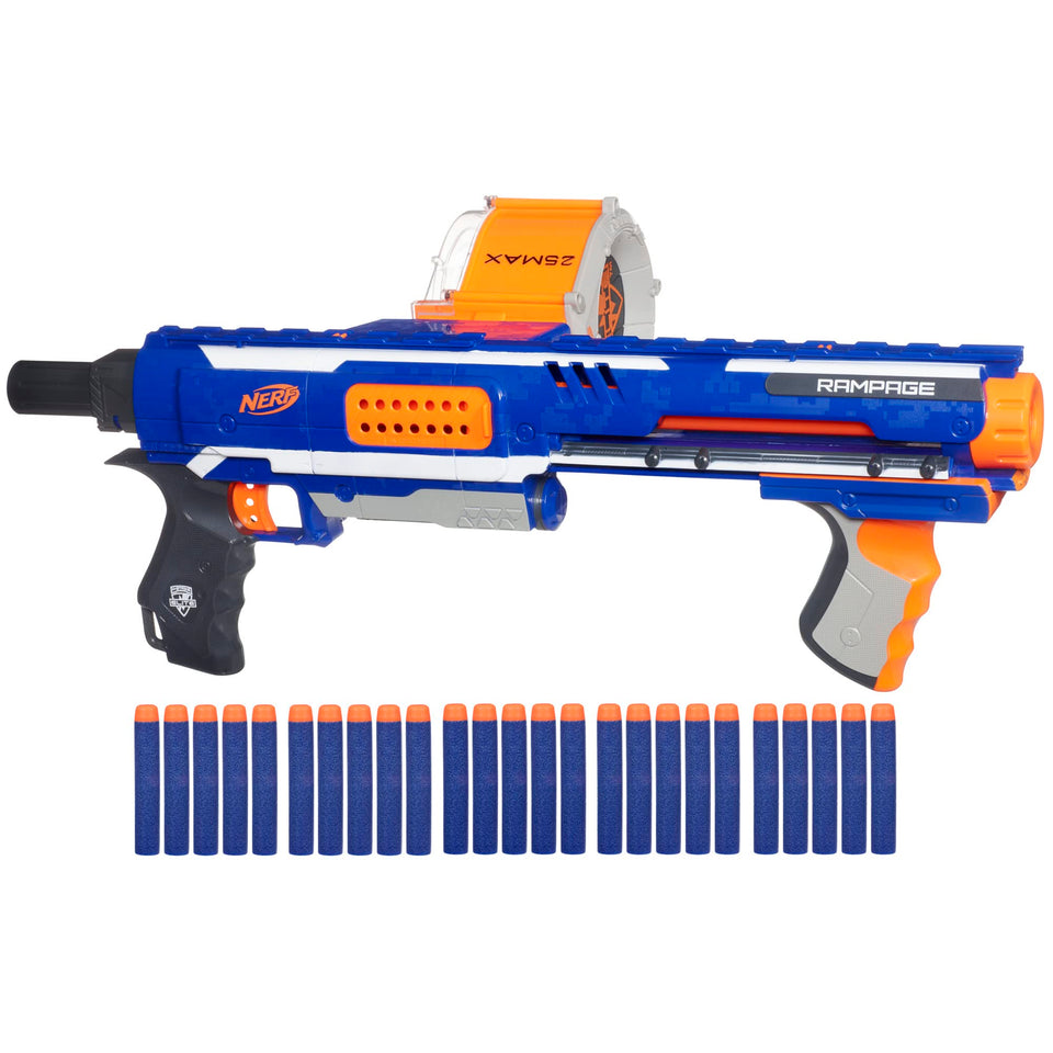 Nerf Rampage 25-dart drum close-up highlights high capacity for extended battles.
