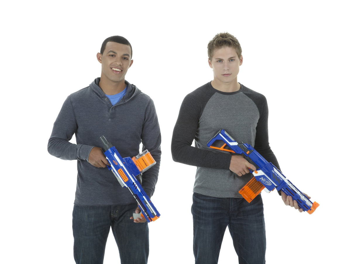 Blue Nerf Rampage blaster ready for indoor and outdoor Nerf battles.