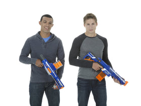 Blue Nerf Rampage blaster ready for indoor and outdoor Nerf battles.