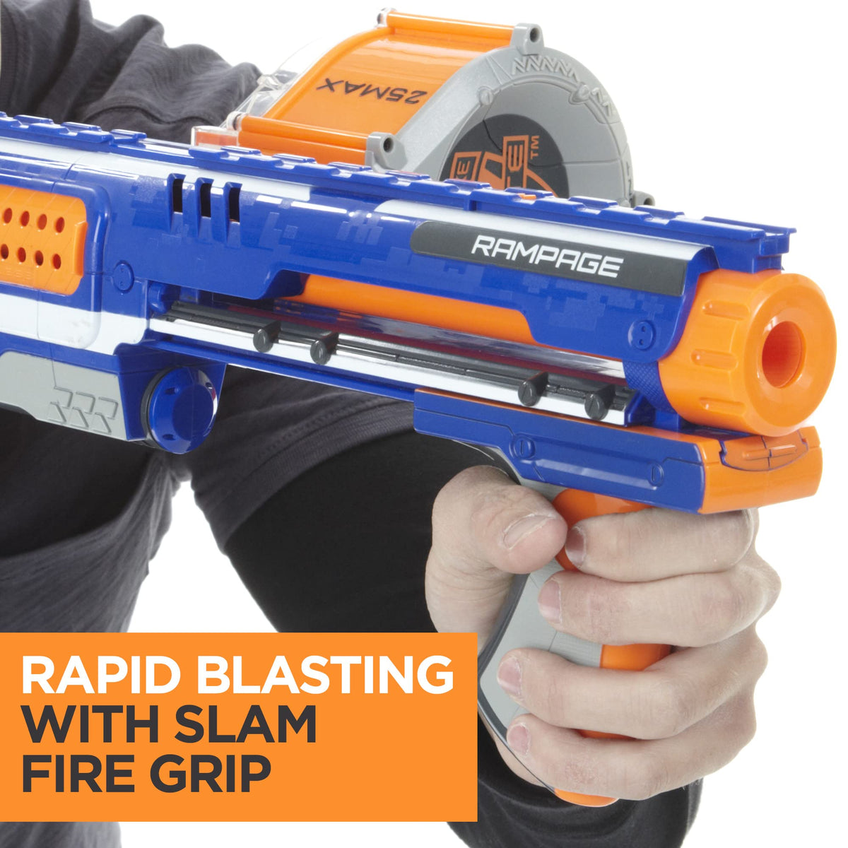 Nerf Rampage Elite darts foam close-up emphasizing distance performance.