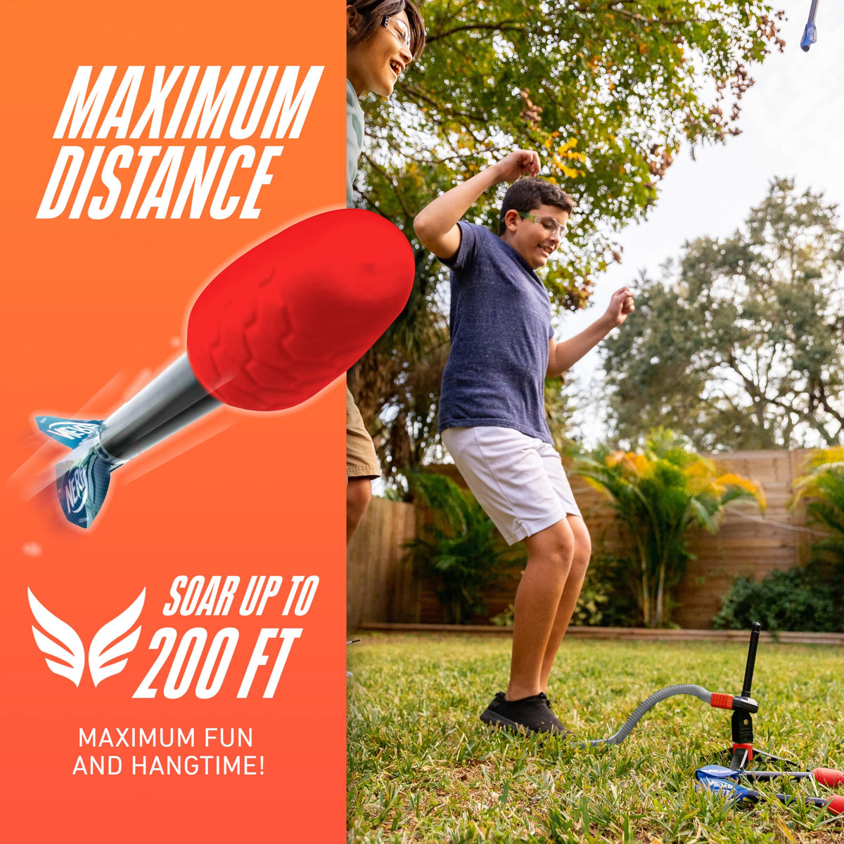 NERF Rip Rocket Launcher rockets in flight delivering high-flying outdoor fun.