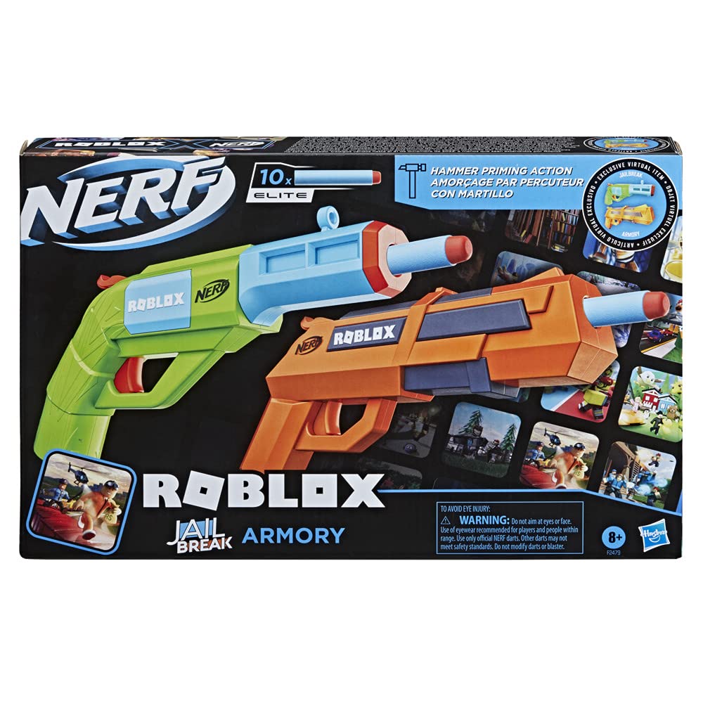 Nerf Roblox Jailbreak Armory darts with 10 Elite darts for easy reloading.