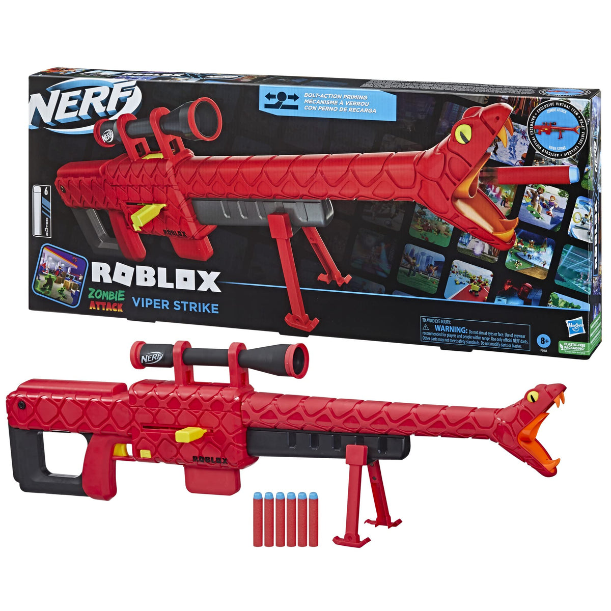 NERF Roblox Zombie Attack Viper Strike blaster bipod stabilizes aiming during battles.
