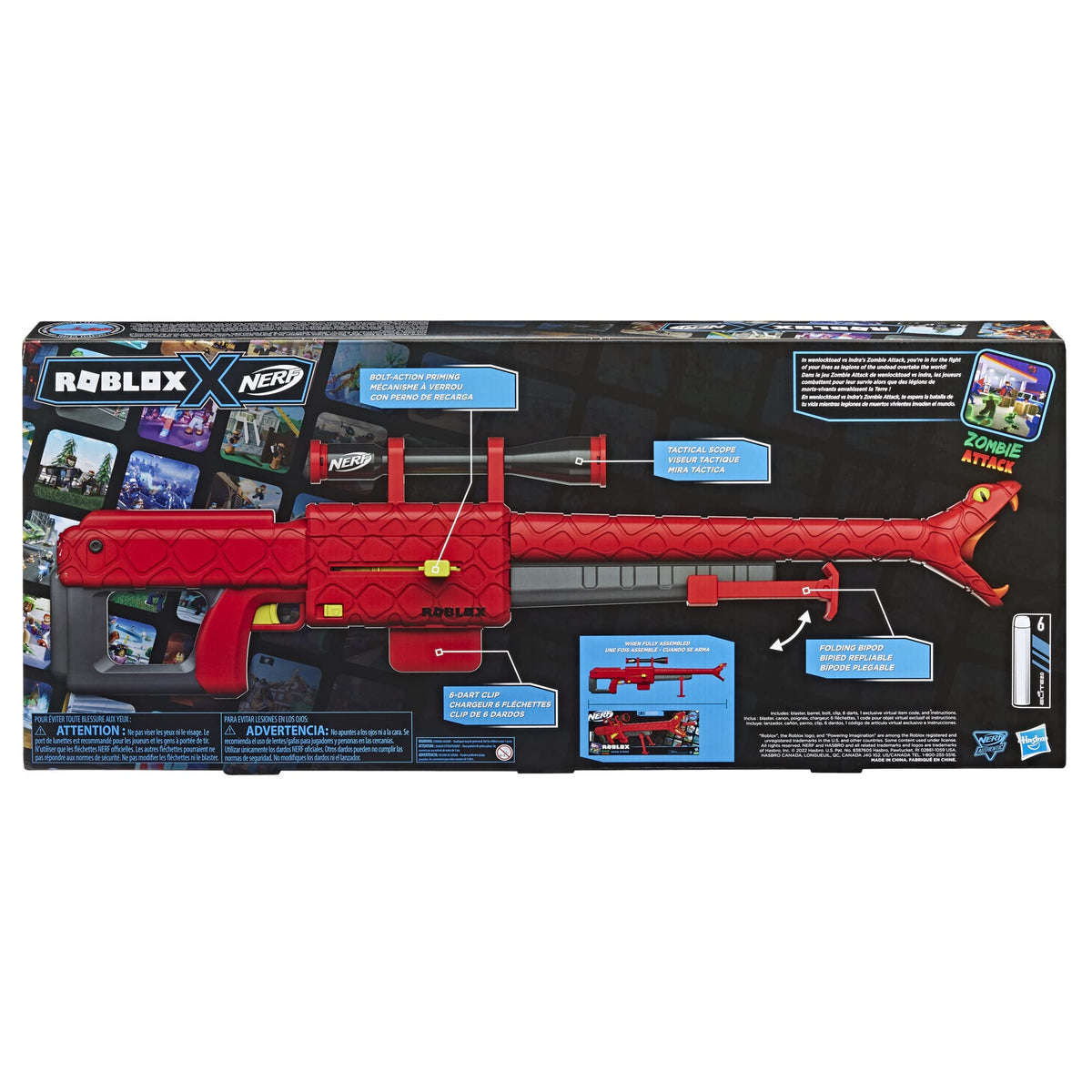 NERF Roblox Zombie Attack Viper Strike blaster includes 6-dart clip for quick reloads.