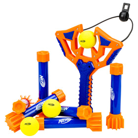 NERF Slingshot Challenge pins setup for a fun target game indoors or outdoors.