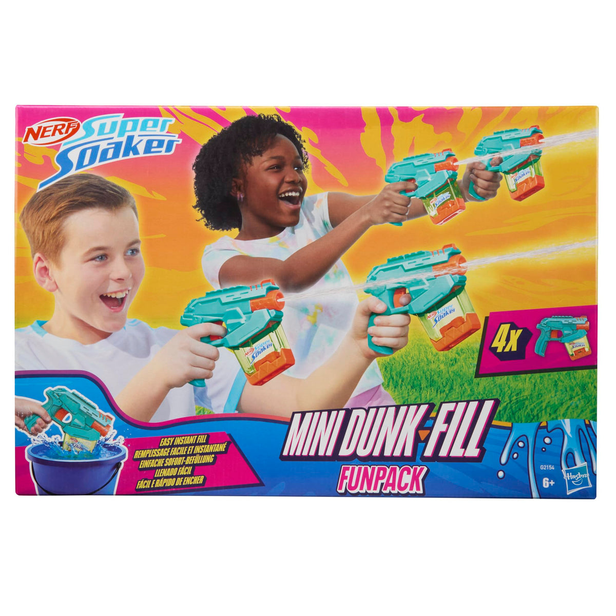 Nerf Super Soaker dunk-fill tanks visible as kids fill and prepare for action.