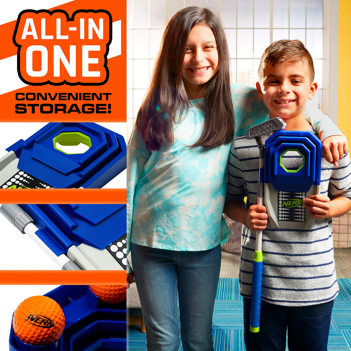 NERF Trick Shot Golf Set indoor outdoor use for versatile spaces.