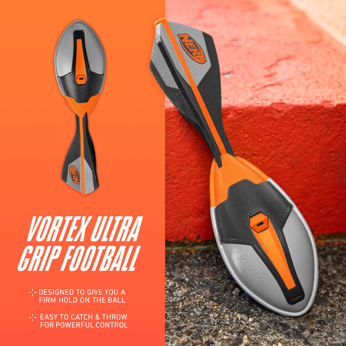 Nerf Vortex foam football grip texture close-up for secure handling.