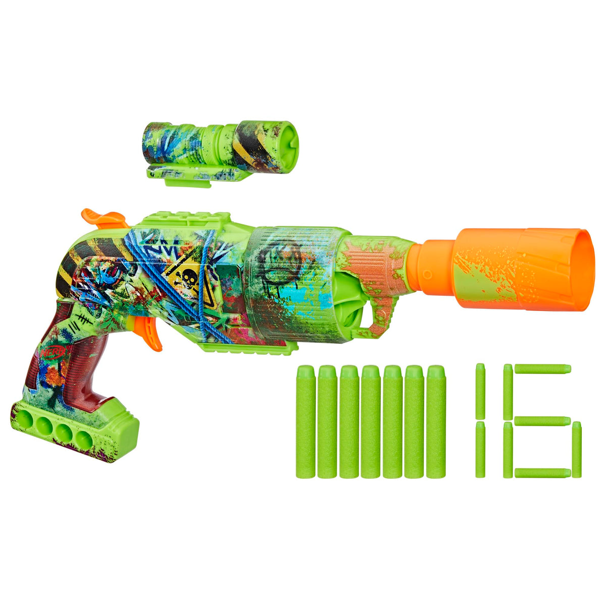 NERF Zombie Driller blaster with graffiti design enhances outdoor battles
