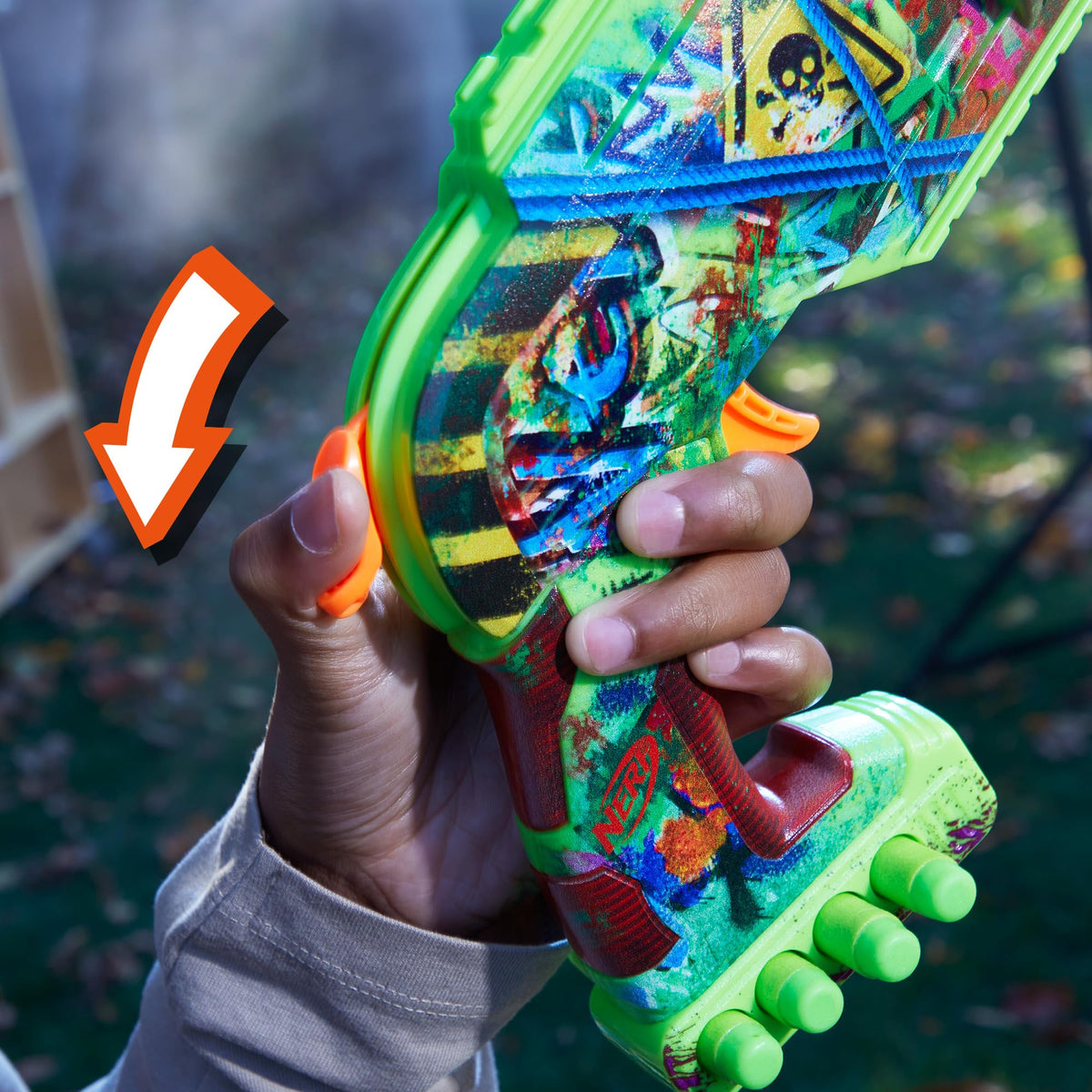 NERF Zombie Driller graffiti detail close-up sparks imaginative play