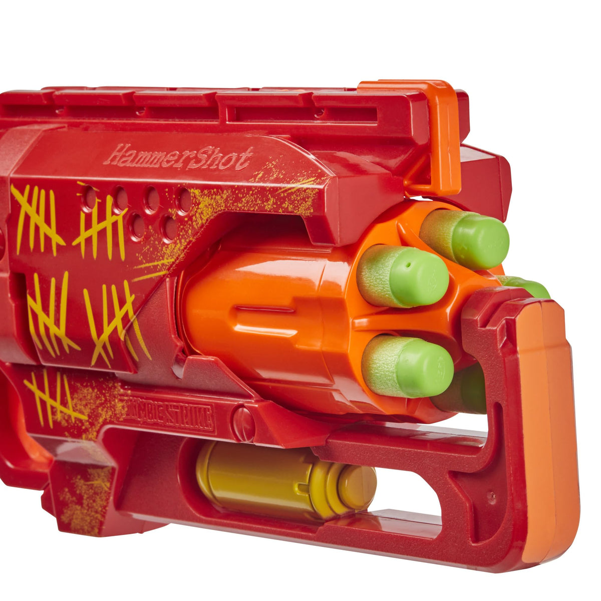 Nerf Zombie Strike Hammershot blaster red, includes five Nerf Elite darts