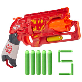 Nerf Zombie Strike Hammershot blaster in red, front view, action-ready