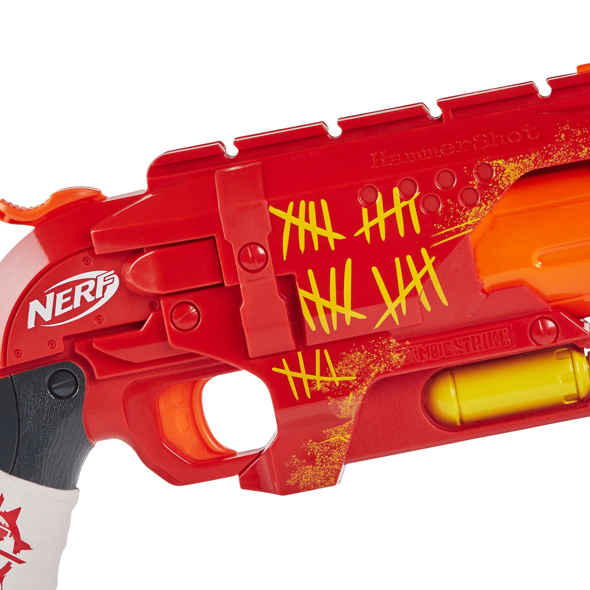 Nerf Zombie Strike Hammershot blaster red, hammer-action priming and firing