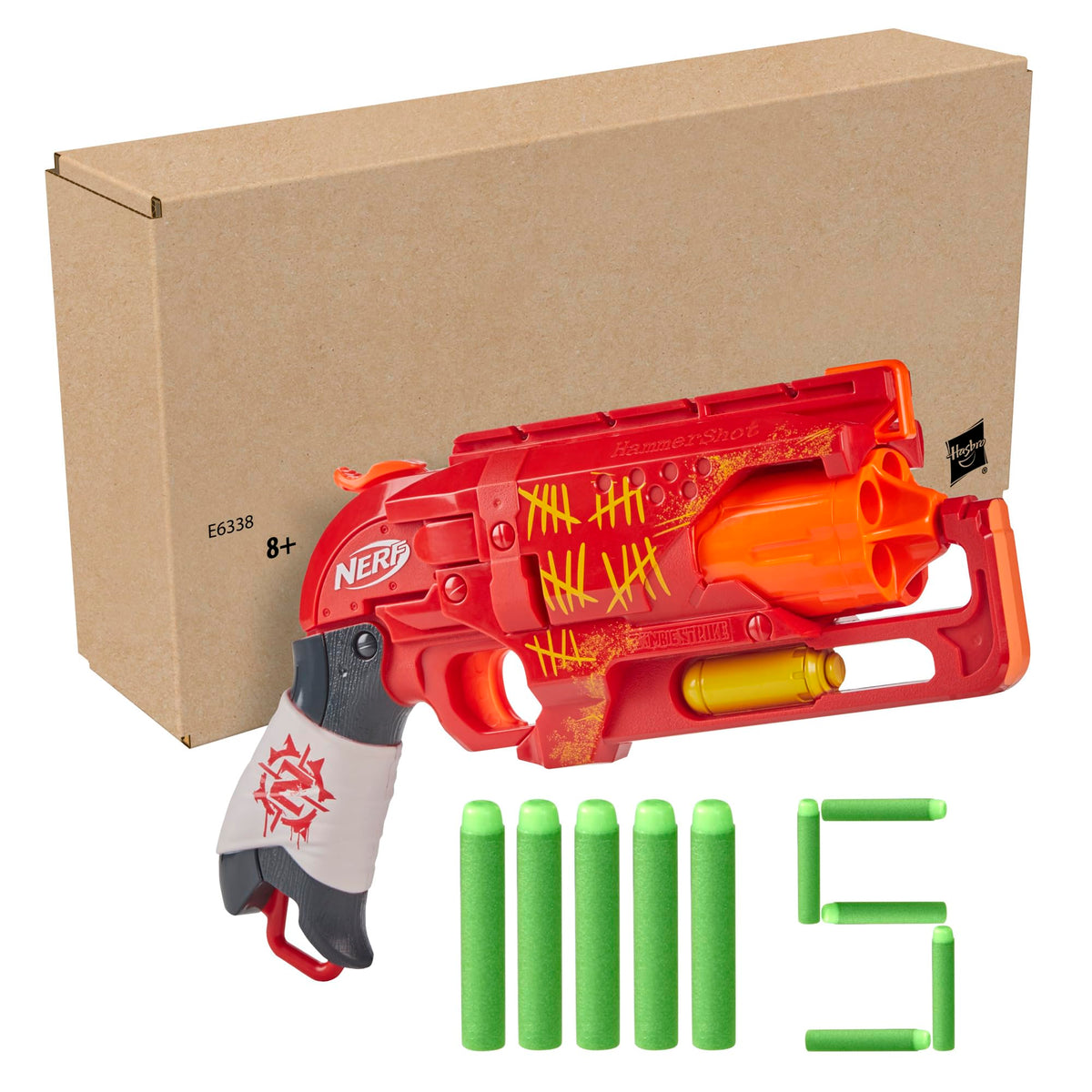 Nerf Zombie Strike Hammershot blaster in red, side view showing compact build