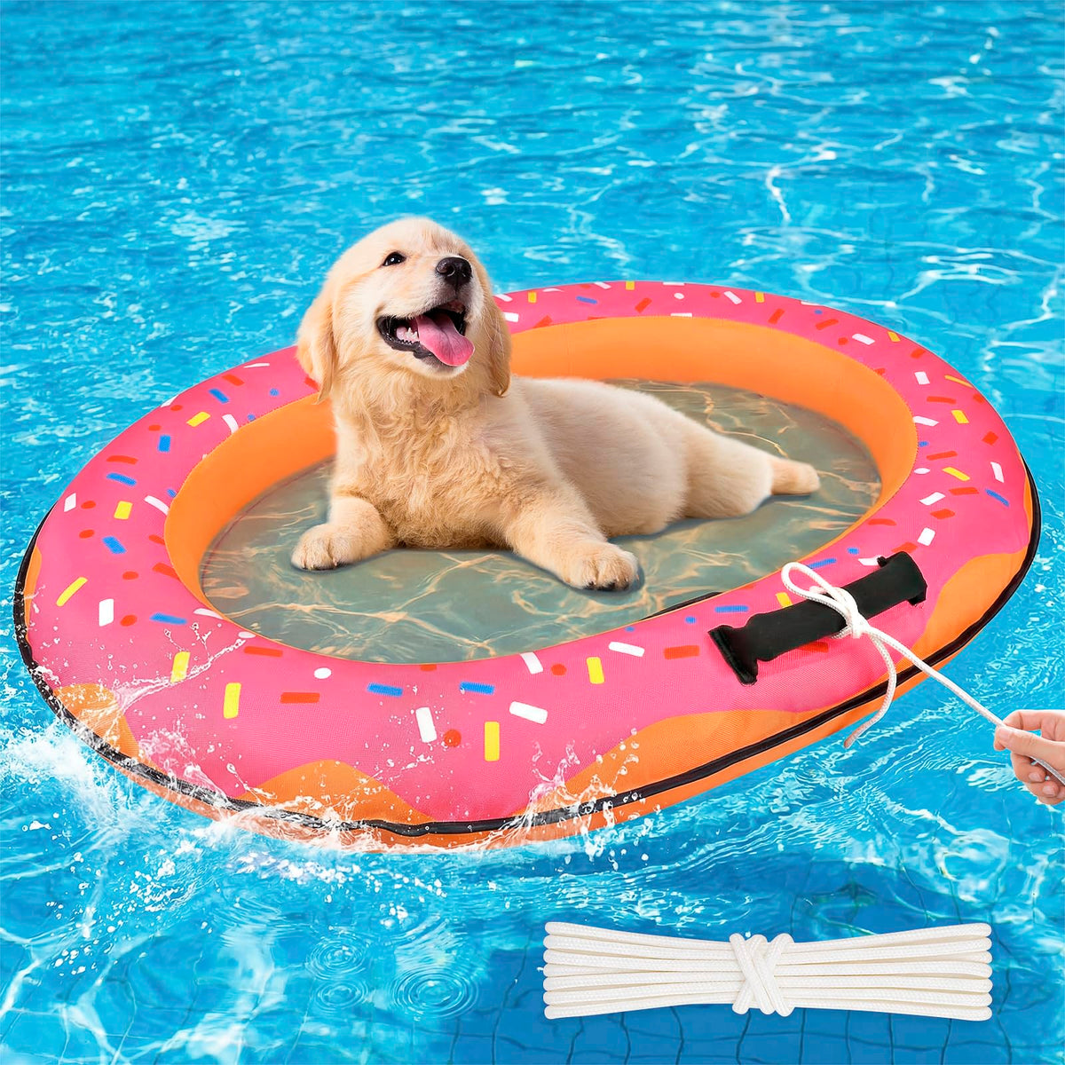 Nerien donut dog pool float showing size 35.4 by 25.6 inches for small to medium dogs