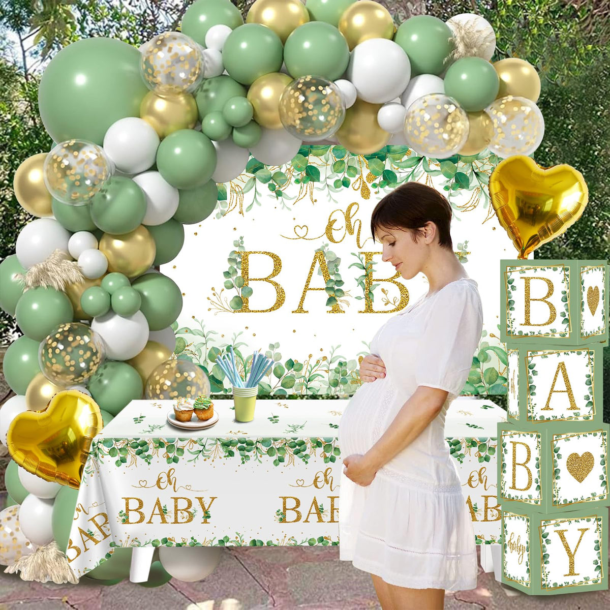 Netnology sage green baby shower backdrop adds soft ambiance
