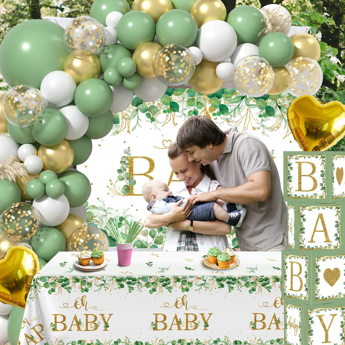 Netnology sage green white gold balloons complete the kit