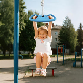 nets Tribe Tree Swing in pull-up bar mode boosting upper body strength during playtime.
