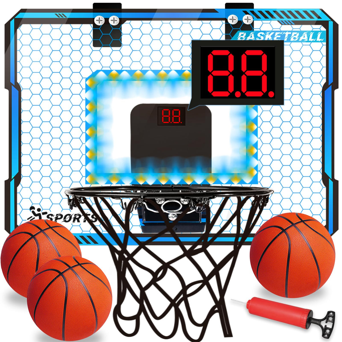 NEUBSAW basketball hoop LED front view for bright indoor play
