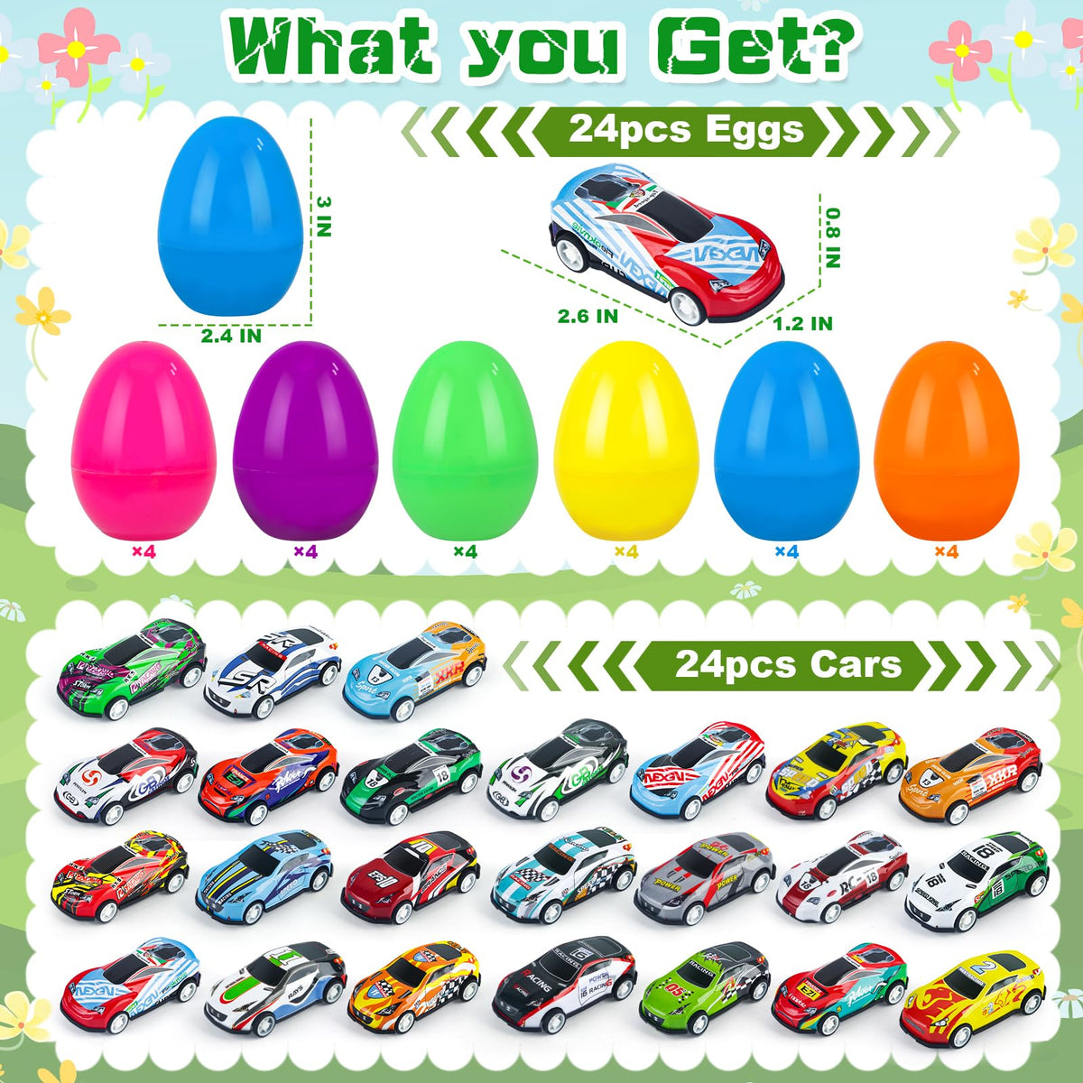 Prefilled eggs reveal die-cast cars for fast-paced play and racing fun.