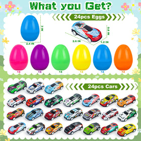 Prefilled eggs reveal die-cast cars for fast-paced play and racing fun.