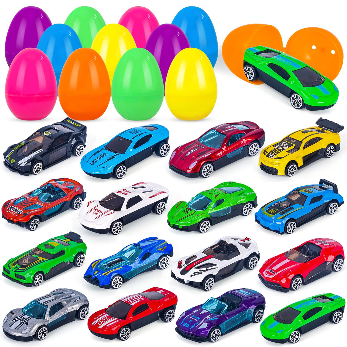 NEUBSAW 16-pack Easter eggs with die-cast cars for exciting egg hunts.