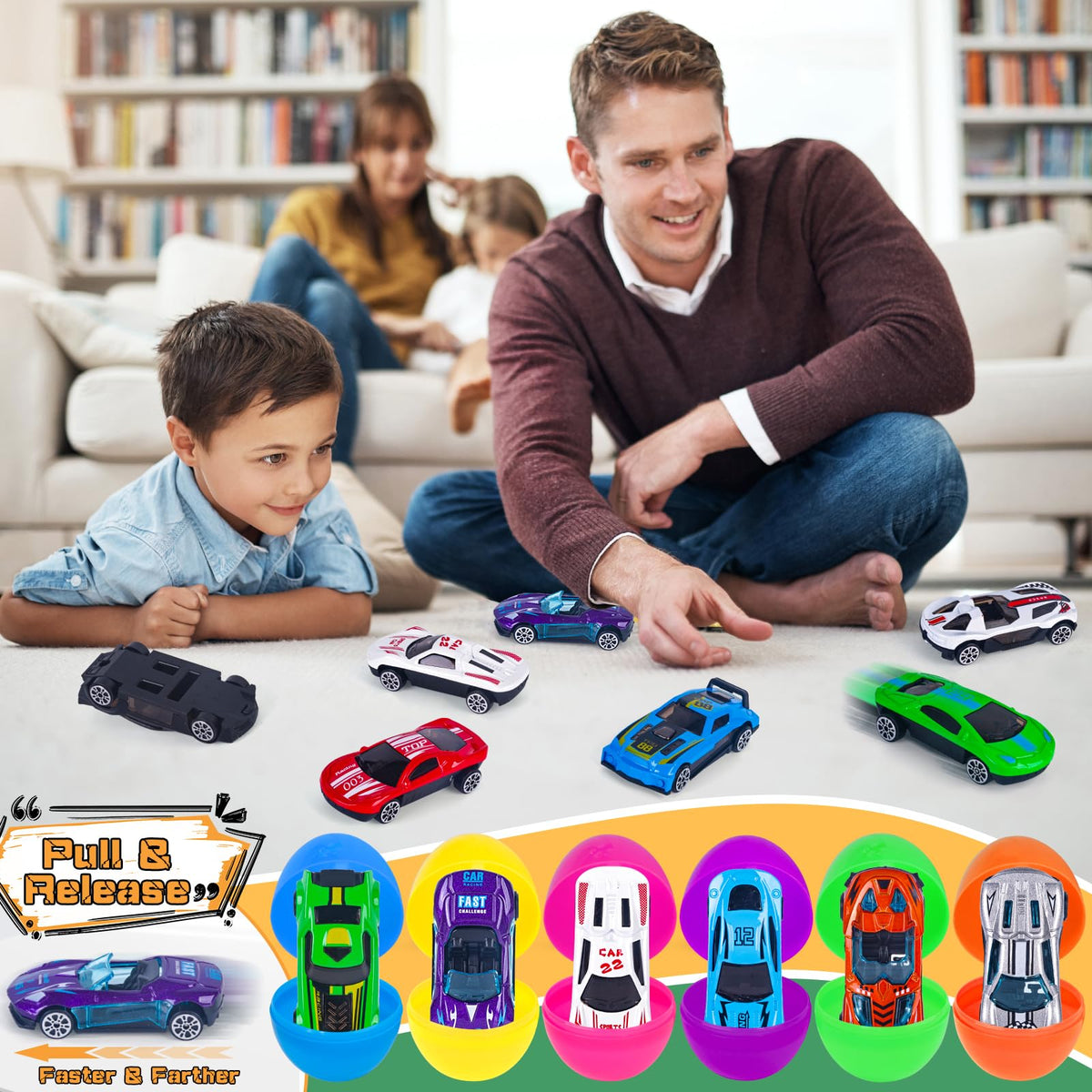 NEUBSAW pull-back cars inside eggs for fast racing fun.