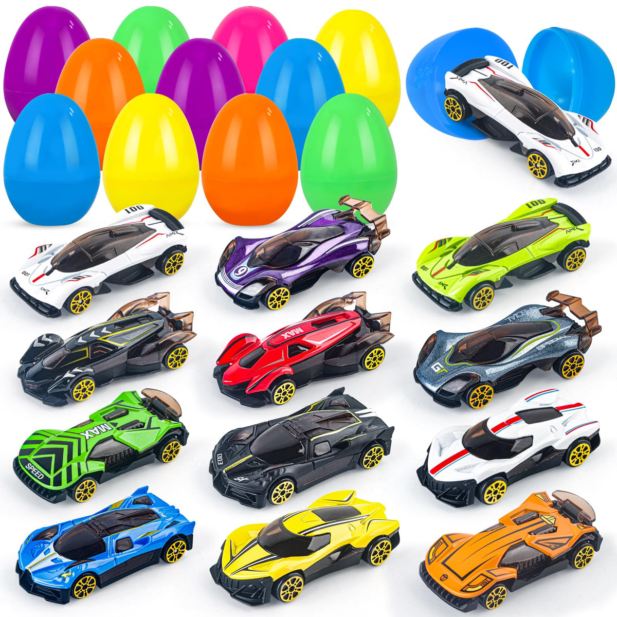 NEUBSAW 12-pack Easter eggs with die-cast cars ready for exciting egg hunts.