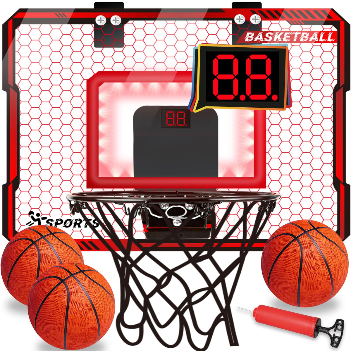 NEUBSAW basketball hoop with LED lights for vibrant night play and quick scoring.