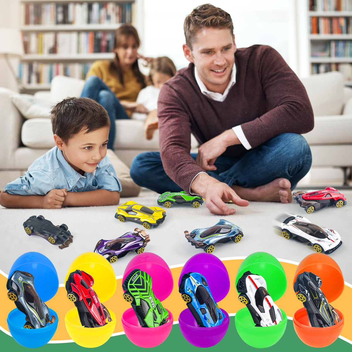 Inside each NEUBSAW egg, a die-cast car sparks quick racing play.