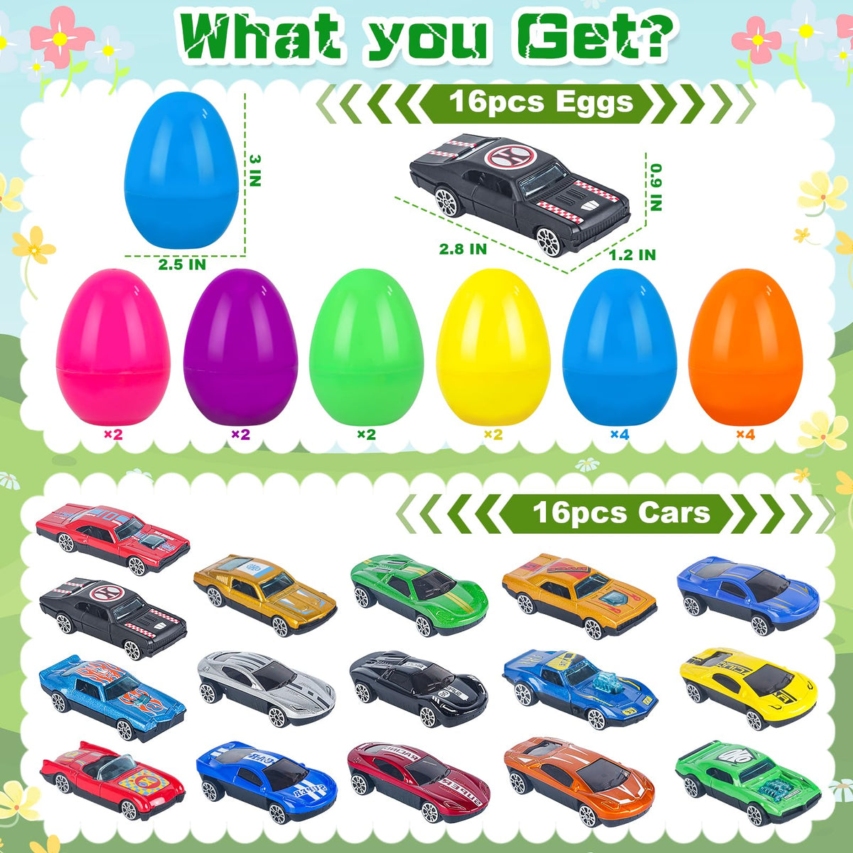 NEUBSAW eggs reveal die-cast racing cars inside for surprise play.