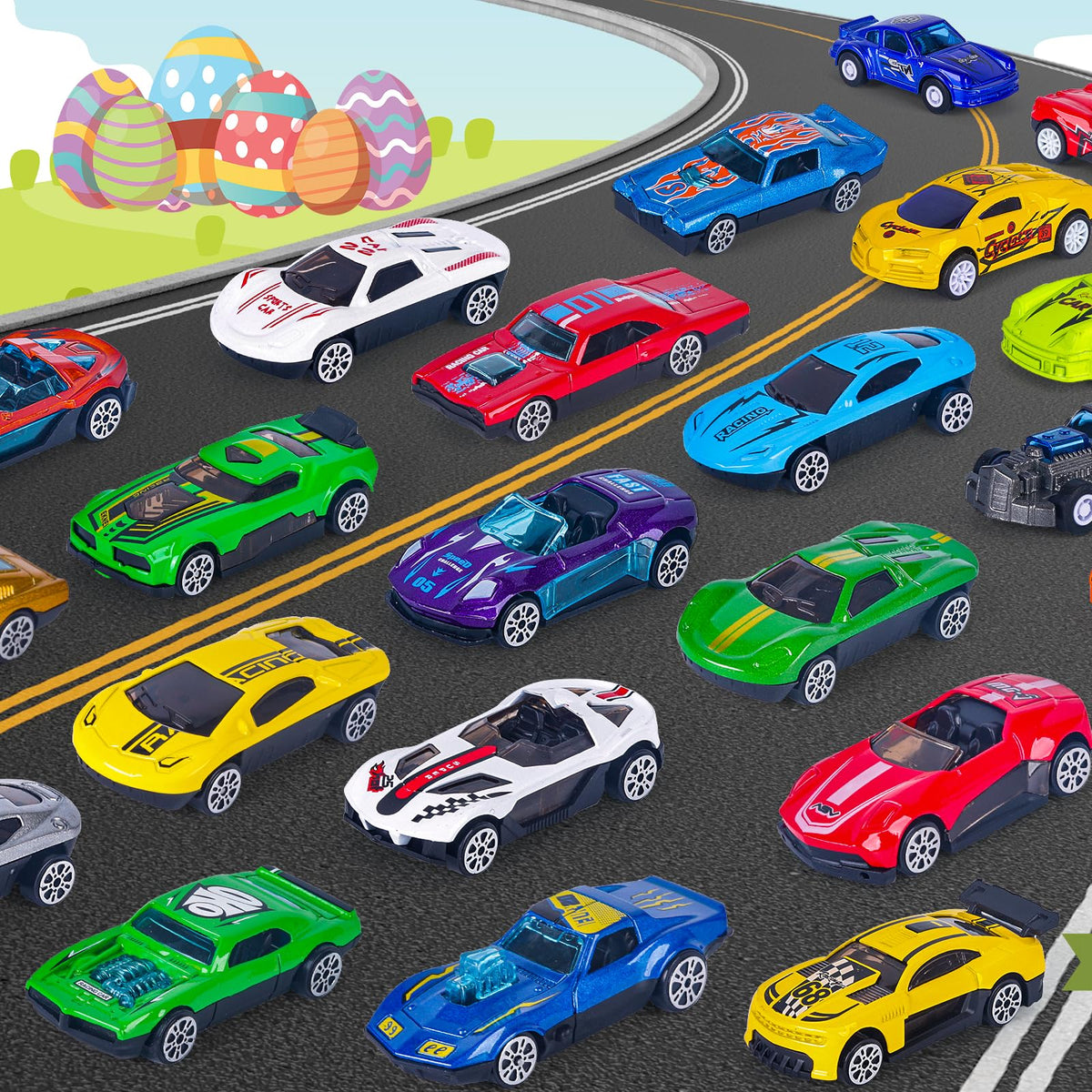 NEUBSAW eggs and cars as Easter party favors and hunt essentials.