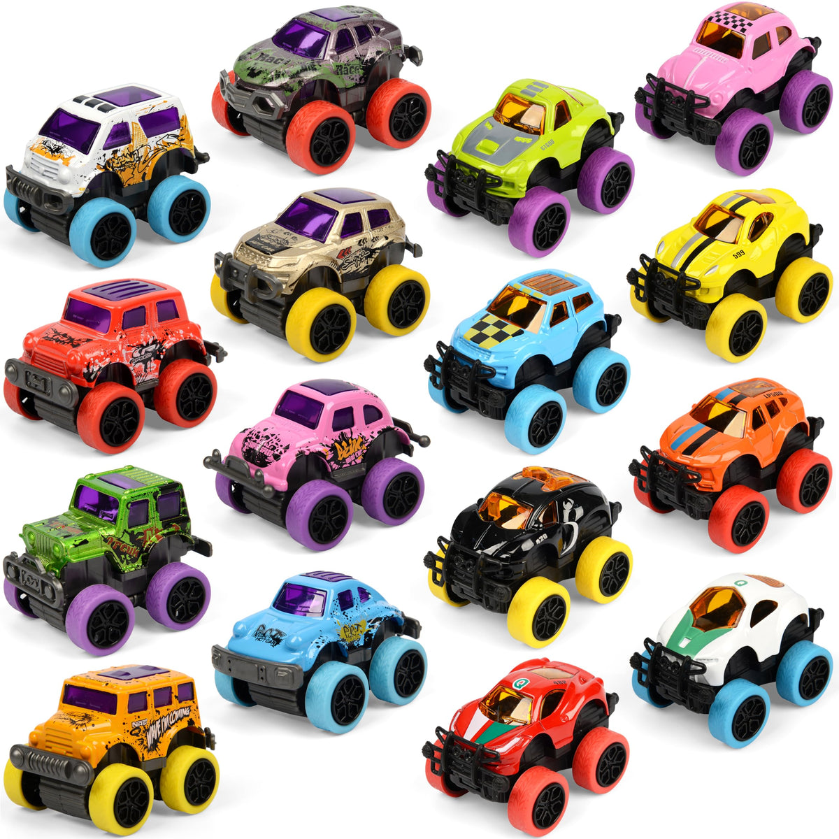 Neureyte 32-pack die-cast monster trucks for active play and party favors.
