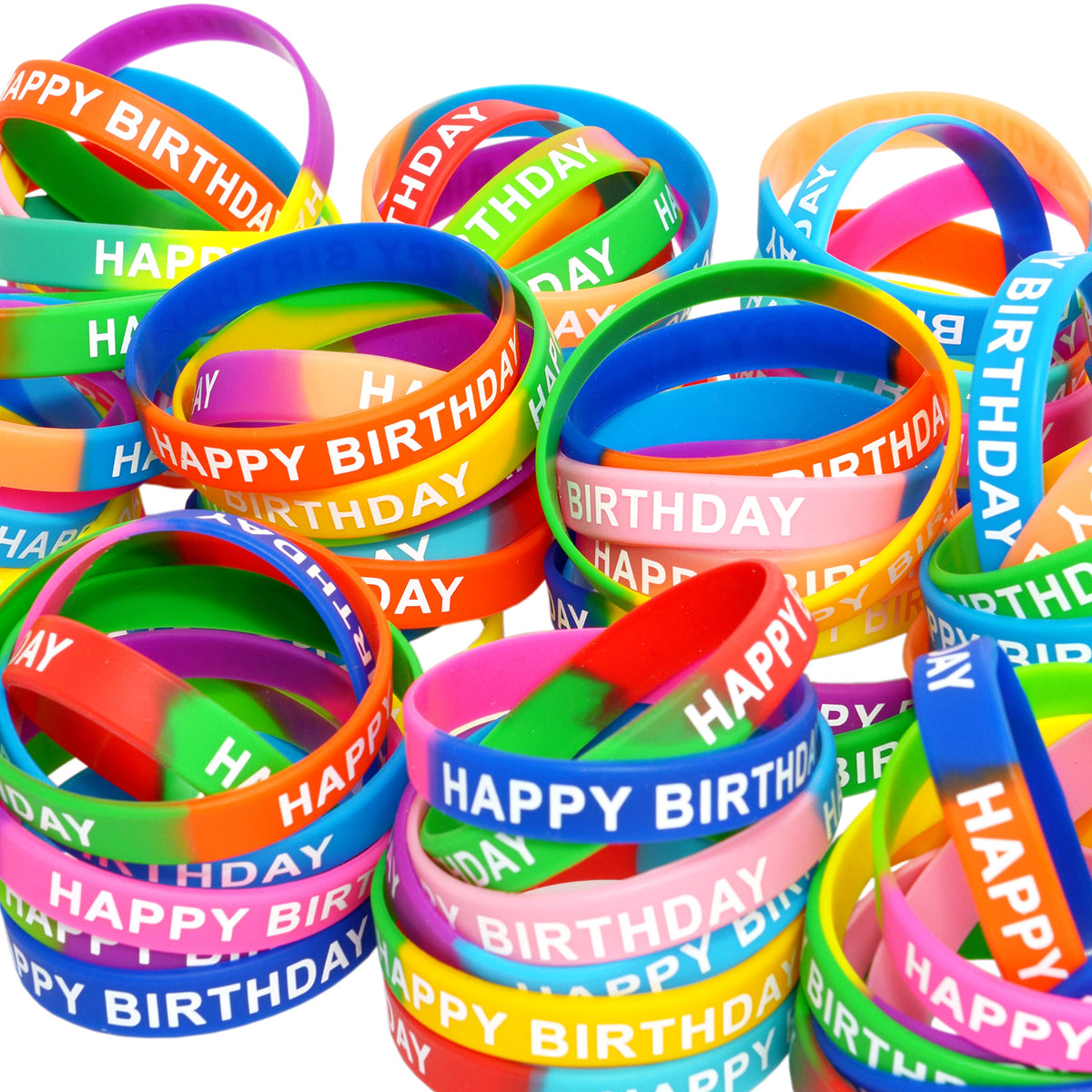 Colorful Neureyte rubber wristbands, bulk set ideal for party favors.