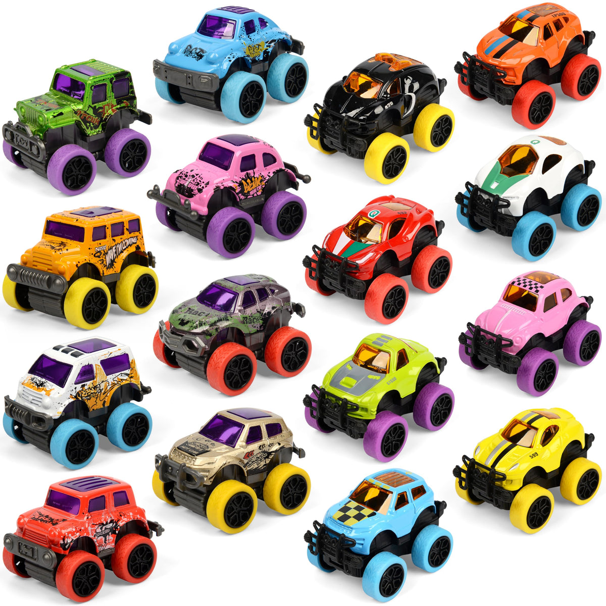 Neureyte 16-pack mini monster trucks in vibrant designs for party favors