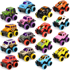 Neureyte 16-pack mini monster trucks in vibrant designs for party favors