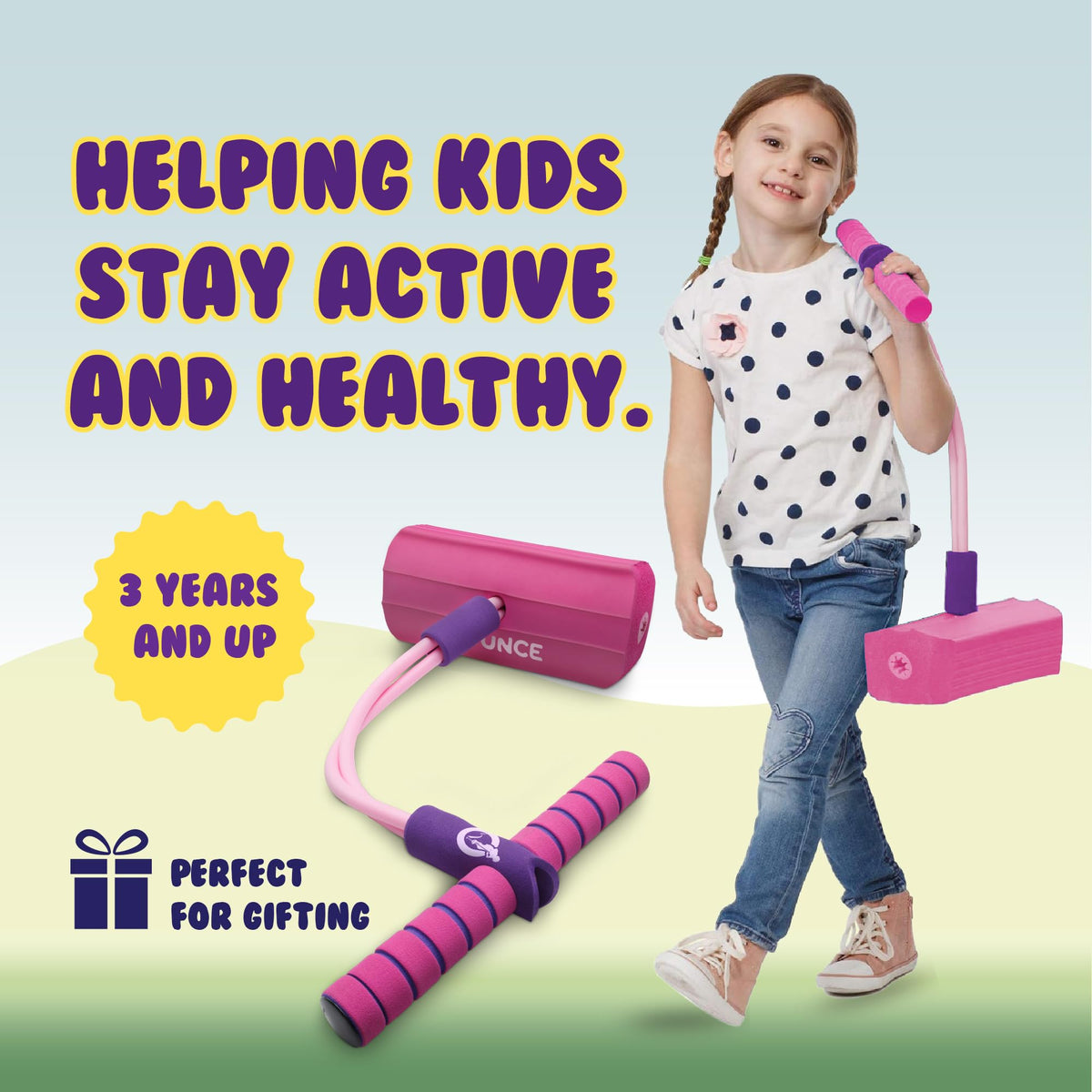 Colorful New Bounce pogo stick with comfy handles boosts coordination.