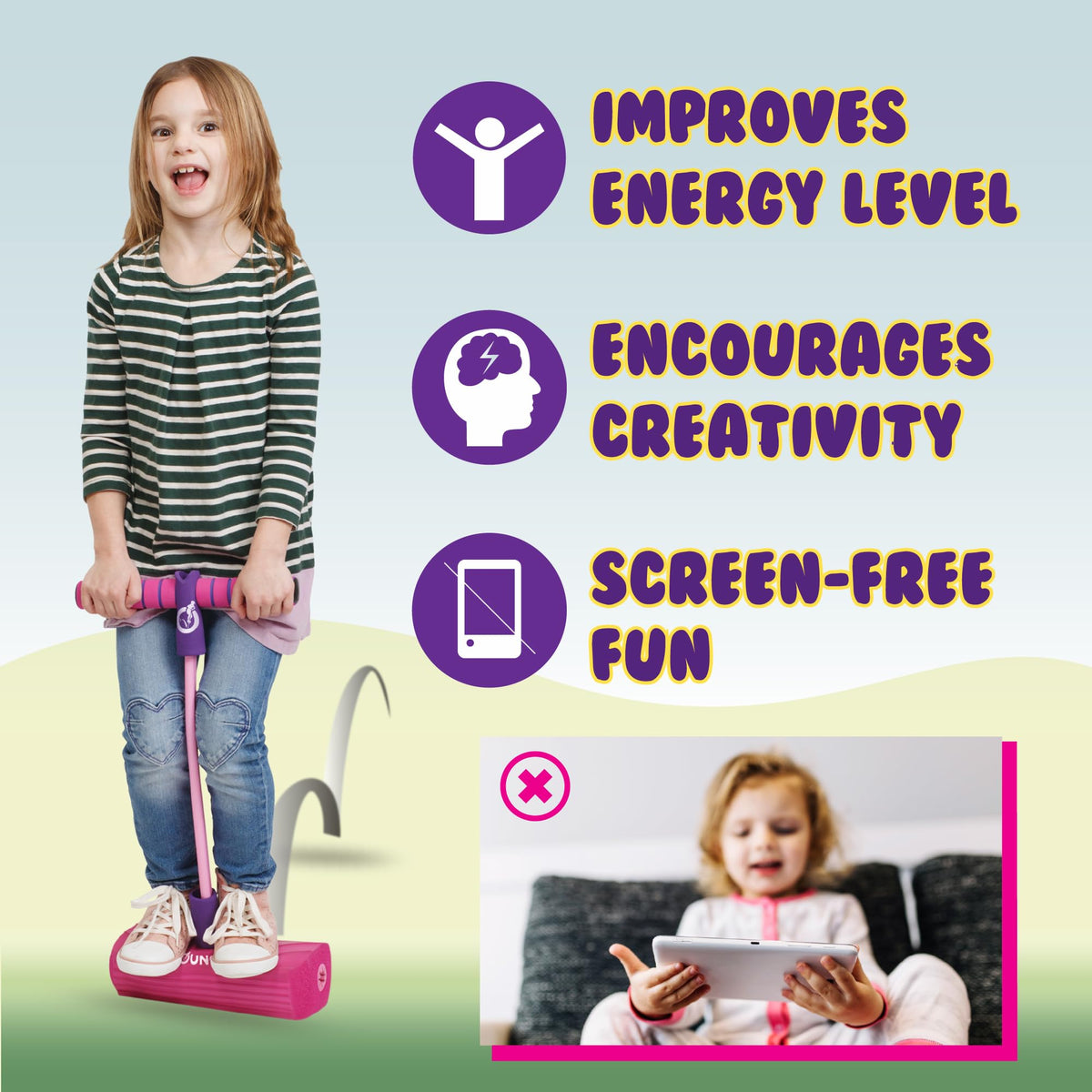 Durable New Bounce pogo stick supports kids up to 250 lbs for big play.