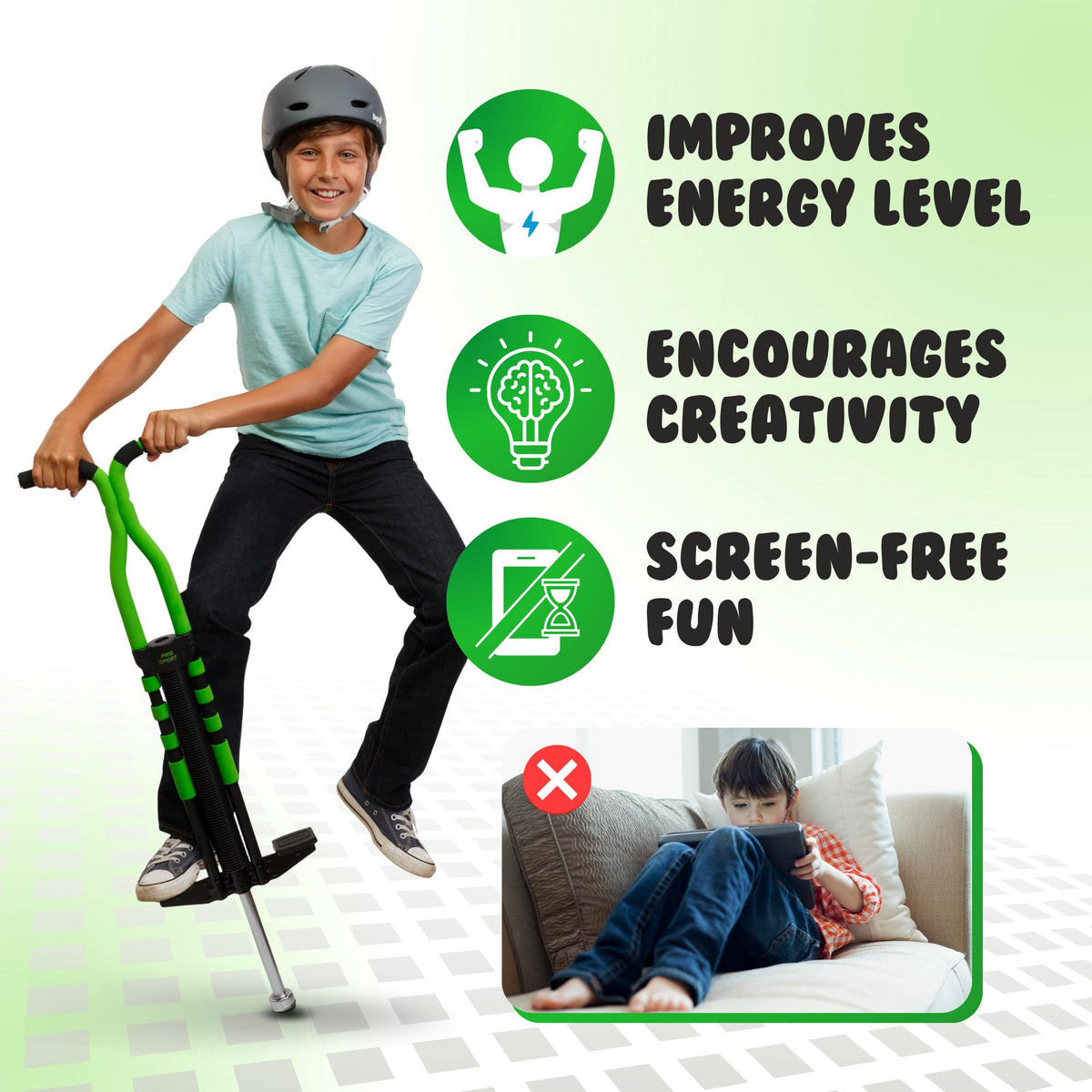 Child using New Bounce pogo stick in action for active play.
