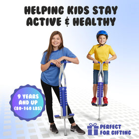 New Bounce pogo stick kids playing outdoors demonstrates energetic exercise and wholesome fun.