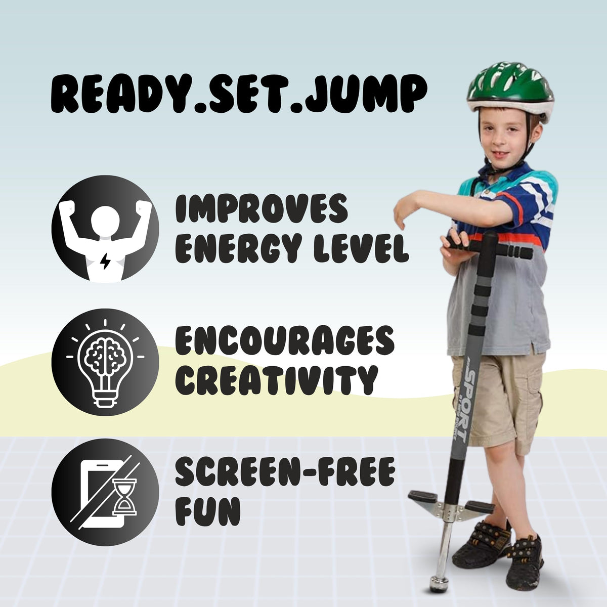 New Bounce Pogo Stick designed for kids 40–80 lbs through beginners.