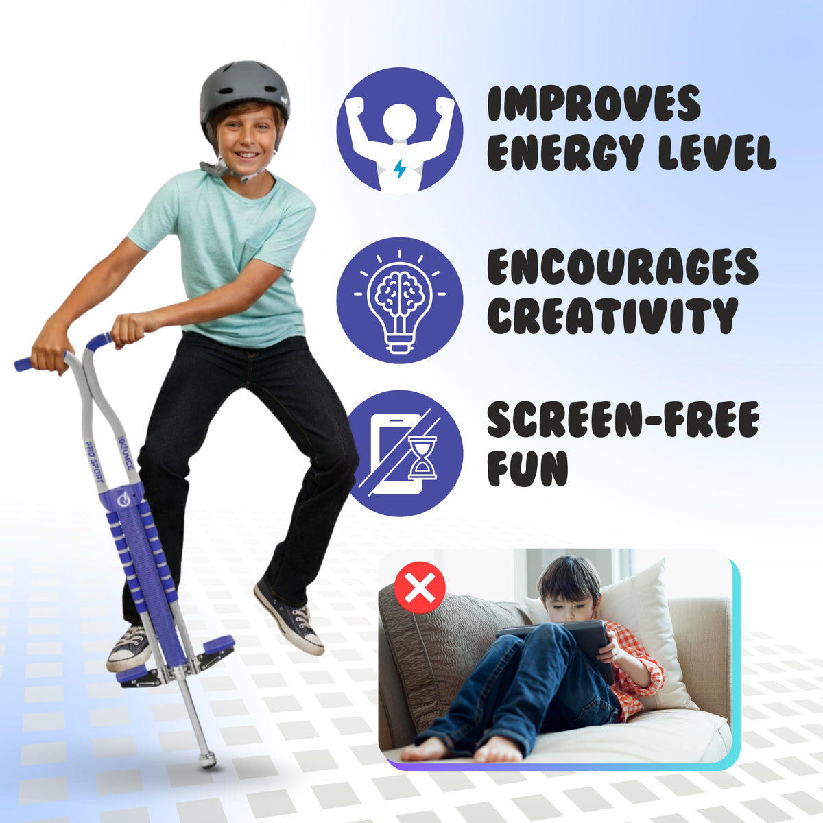 New Bounce pogo stick vibrant colors showcase playful style for kids.