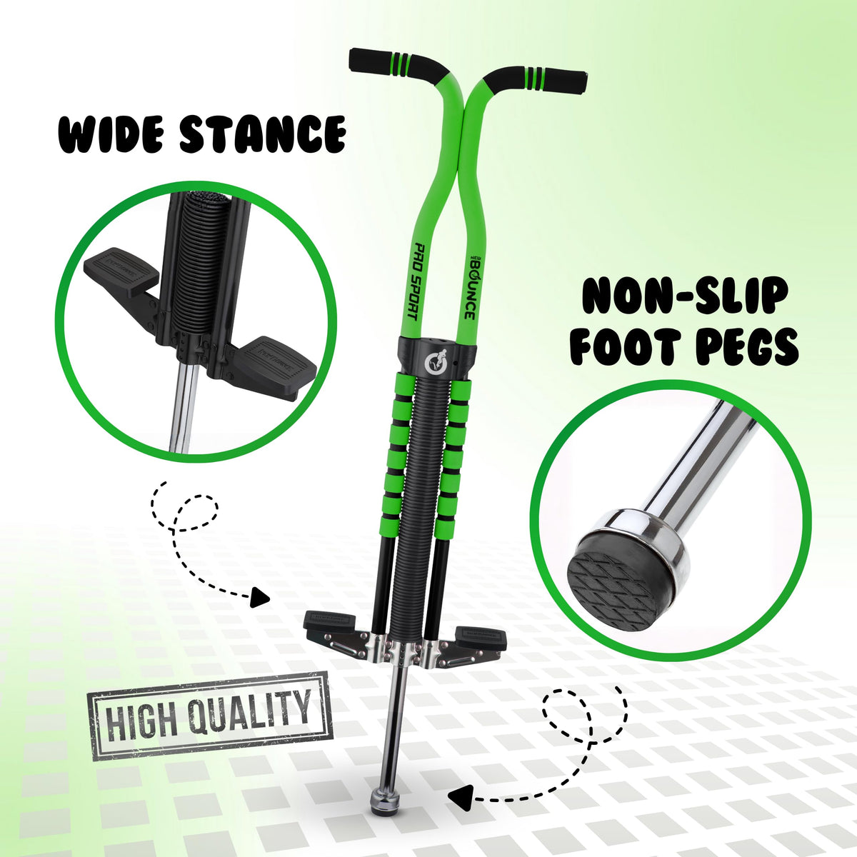 New Bounce Pogo Stick wide stance design for added stability during bouncing.