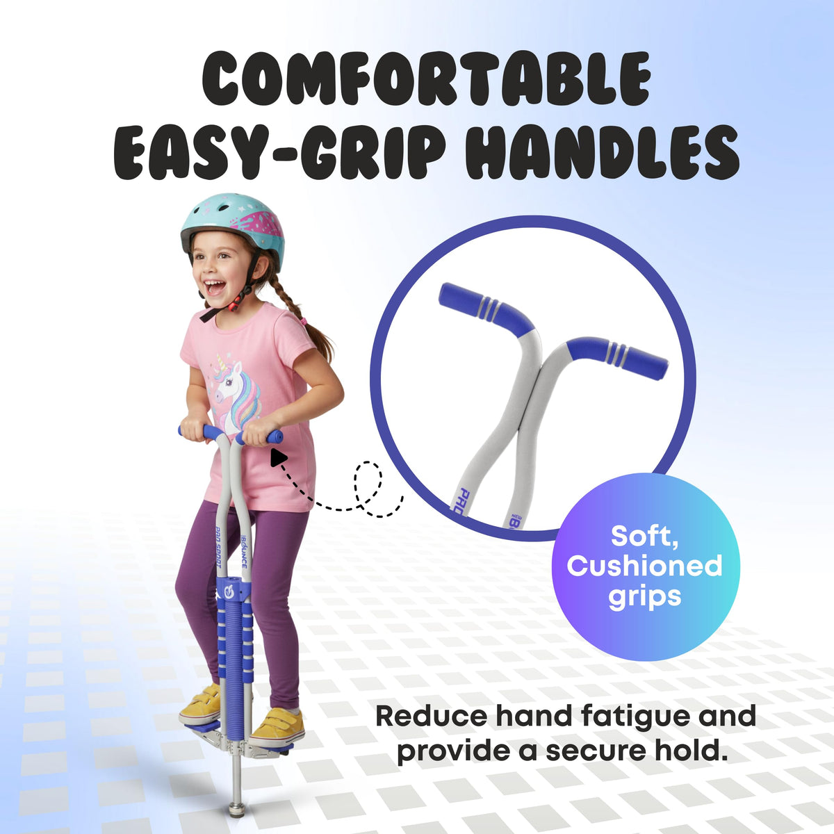 New Bounce pogo stick wide-stance design improves stability during jumps.