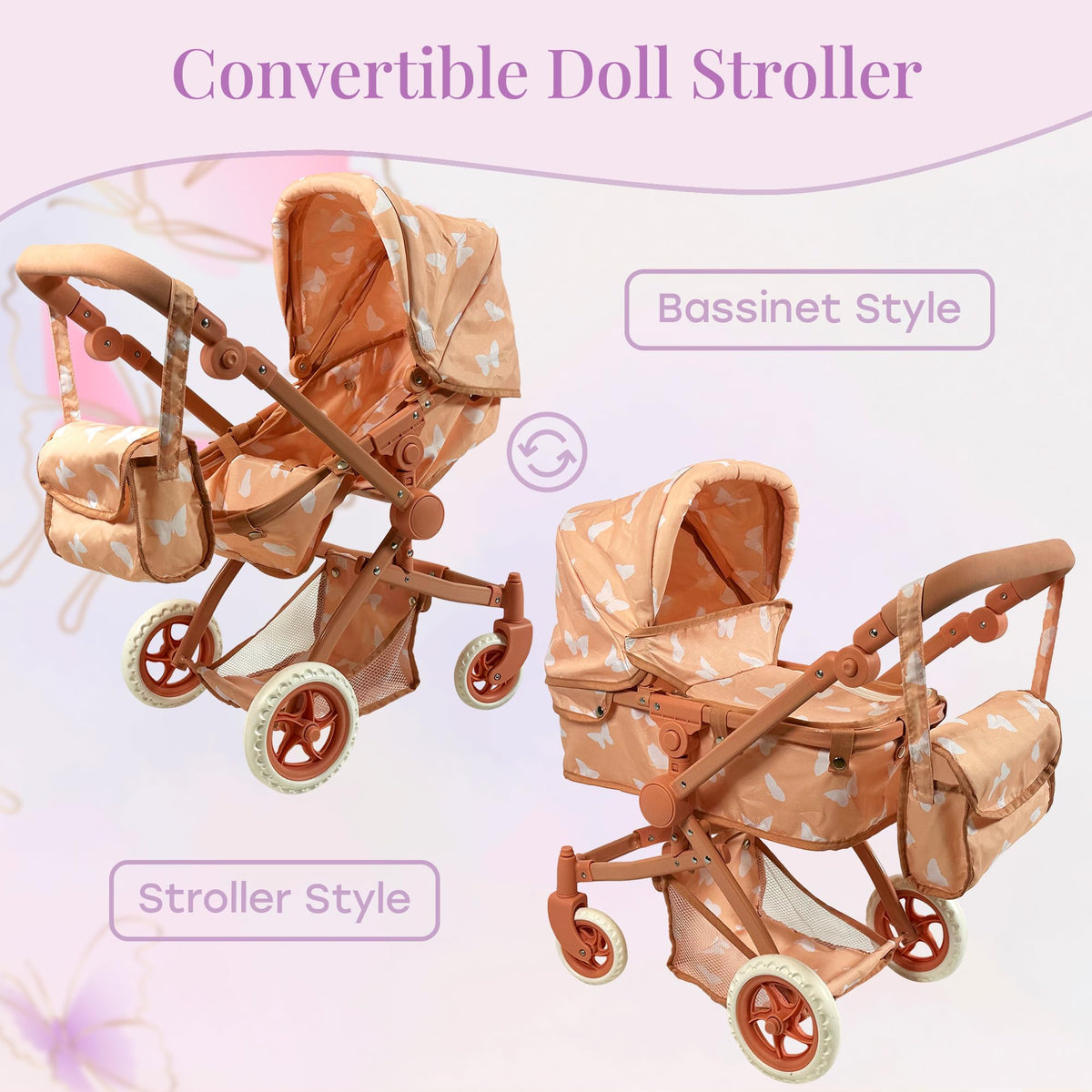 New York Doll Collection beige butterfly pattern stroller adds stylish fashion