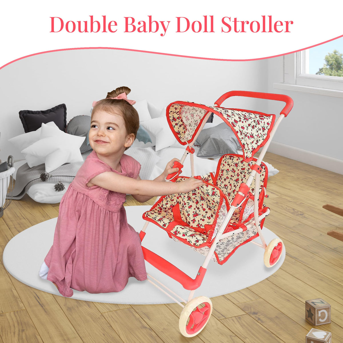 The New York Doll Collection bright red trim enhances cheerful pretend play.