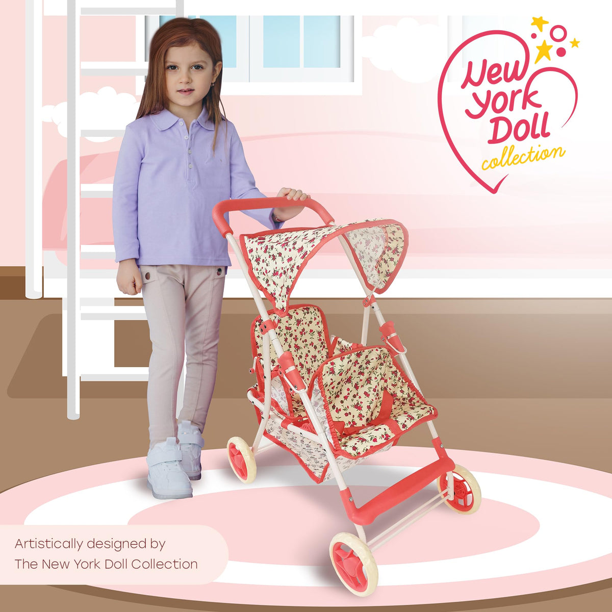 The New York Doll Collection coral-flower-print stroller adds playful style for pretend play.