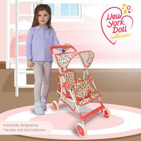 The New York Doll Collection coral-flower-print stroller adds playful style for pretend play.
