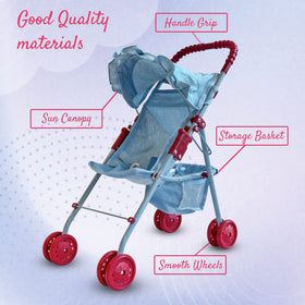 The New York Doll Collection doll stroller includes bottom storage basket.