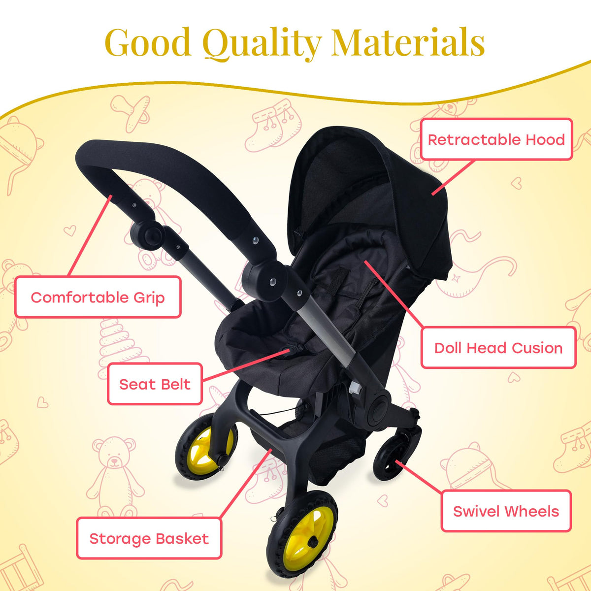 The New York Doll Collection stroller rolls smoothly indoors and outdoors to inspire on-the-go adventures.